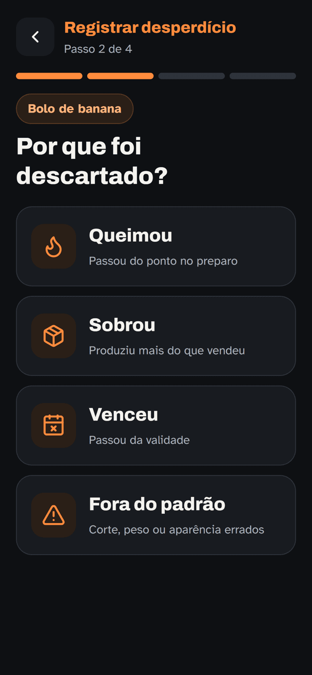 Tela real do app: Por que foi descartado? com os quatro motivos Queimou, Sobrou, Venceu e Fora do padrão