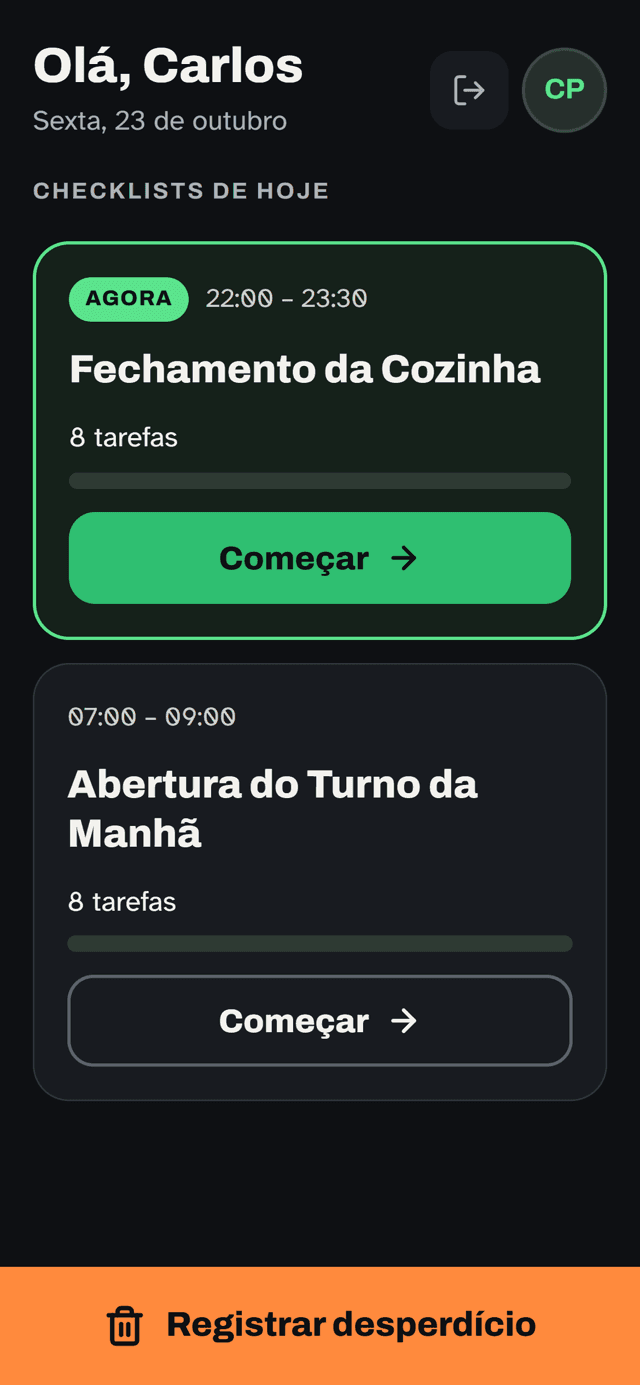 Tela real do app da equipe: checklists de hoje, sem nenhum valor em reais